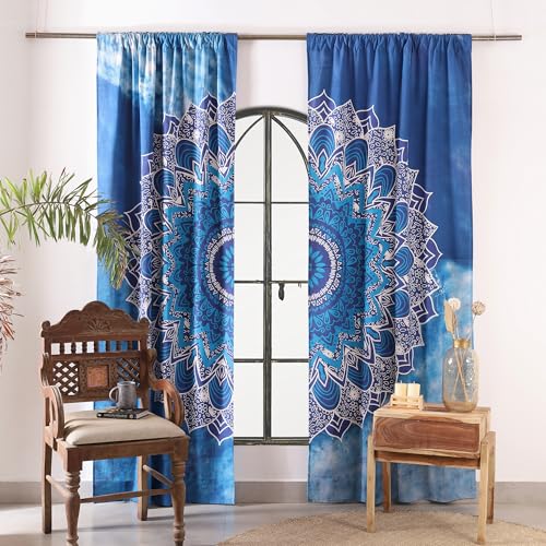Popular Handicrafts Blue Hippie Mandala Ombre Curtains 83 Inch Length for Living Room Bedroom 2 Panels Set Light Filtering Semi Sheer Window Curtains 76 Inch Width Boho Farmhouse Drapes W76xL83 - color: Blue, size: 38"W x 83"L (Pack of 2)