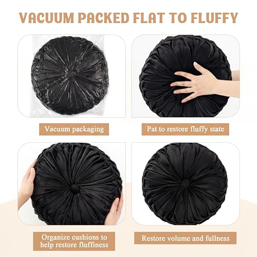 Drydiet 1 Pcs Round Throw Velvet Pillows Decorative Pleated Throw Pillows Diameter Accent Pumpkin Boho Chair Cushion for Couch Sofa Home Decoration (Black,15'') - color: Black, size: 15''