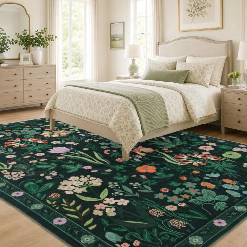 8x10 Area Rugs for Living Room, Machine Washable Rug Vintage Large Soft Boho Floral Rug, Low Pile Non-Slip Indoor Carpets for Bedroom Dining Room Farmhouse Nursery Playroom Home Office, Dark Green - color: Dark Green Floral, size: 8' x 10' (Rectangular)