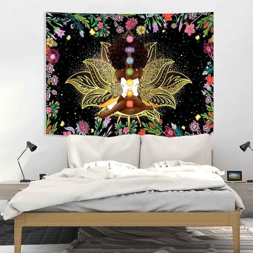 Ine Ive African Chakra Tapestry African American Woman Zen Meditation Tapestries 40x30 Inch Starry Sky Flower Garden Inspirational Afro Yoga Wall Art for Bedroom Dorm Decor - size: 40"L x 30"W