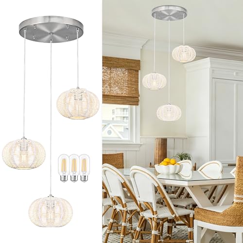 12" Boho White 3-Light Boho Chandeliers for Kitchen Island Hand-Woven Boho Rattan Chandeliers Dimmable Adjustable Hanging Wicker Chandelier for Dining Room Living Room （Bulb Incl.） - color: 11.8" White 3-Light