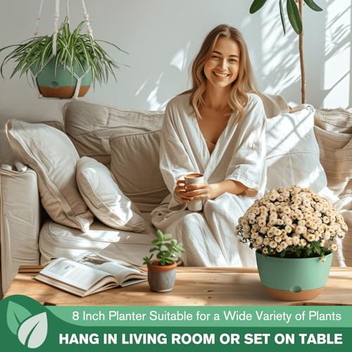 Set of 2-8 Inch Hanging Planters for Indoor Plants with Self-Watering Includes Hanging Pots for Plants, Outdoor Hanging Plant Pot with Drainage, and 2 Types of Hanging Baskets Hangers (Green) - color: Green, size: 8inch