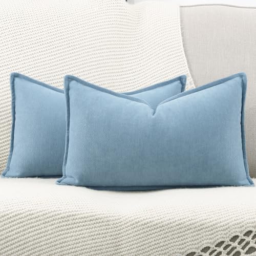 MADIZZ Textured Chenille Throw Pillow Covers Pack of 2 Natural Soft Decorative Accent Pillowcases Boho Neutral Couch Throw Pillow for Bed Home Decor for Sofa Livingroom 12x20 inch Blue - color: Blue, size: 20" x 12" (Pack of 2)