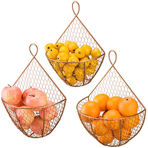 MyGift Set of 3, Farmhouse Copper Metal Wire Mesh Wall Hanging Baskets, Wall-Mounted Storage Basket, Decorative Kitchen Fruit Wall Basket Produce Holder