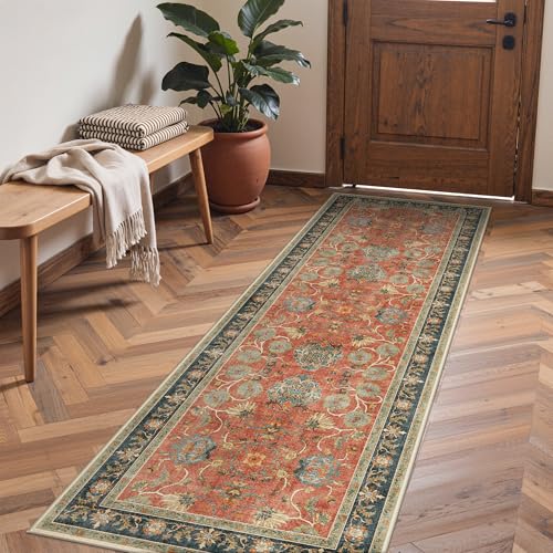 Bavni 2x5 Washable Runner Rug Non Slip, Vintage Distressed Accent Hallway Runner, Low Pile Coral Red Blue Carpet Stain Resistant, Kitchen Runner Floral Rugs for Entryway, Bedroom, Laundry, Nursery - color: Coral Blue, size: 2' x 5' (Rectangular)