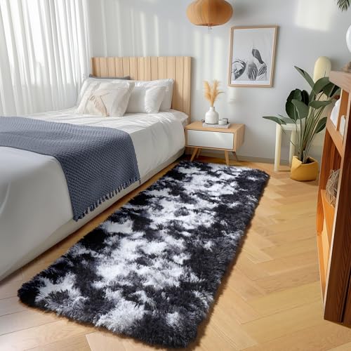 ONASAR Runner Rugs for Bedroom Living Room, Fluffy Black and White 2x6 Bedside Hallway Area Rug, Ultra Soft Plush Furry Faux Fur Non Slip Floor Carpet for Nursery Kids Dorm Closet Home Decor - color: Tie-dyed Black & White, size: 2' x 6' (Runner)
