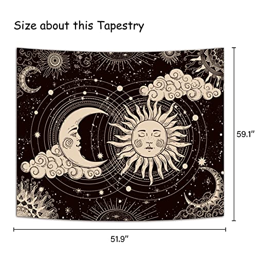 Wonrizon Sun and Moon Tapestry, Aesthetic Black Dark Spiritual Tapestries Mystic Burning Sun with Clouds Star Wall Hanging decor for Bedroom (59.1" x 59.1") - size: 59.1"L x 59.1"W