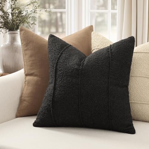 YCOLL Textured Boucle Throw Pillow Covers 16x16 Pack of 2 - Soft Neutral Striped Cushion Covers, Cozy Accent Decorative Pillow Covers for Couch, Sofa, Bed, Living Room (Black) - color: Black, size: 16" x 16" (Pack of 2)
