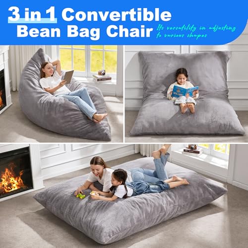 Hobestluk 3 in 1 Bean Bag Chair Giant Bean Bag Chairs for Adults with Chevron Plush Fur Cover Convertible Bean Bag Floor Cushion with Machine Washable Cover for Living Room (Plush Grey) - color: Soft Grey