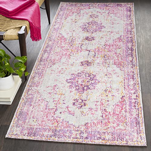 Hauteloom Laureldale Oriental Living Room, Bedroom, Girl Room Area Rug - Bohemian, Boho Medallion - Vintage Distressed - Low Pile Carpet - Pink, Purple, Grey, Yellow - 2' x 2'11" - color: Red, Light Gray, Lavender / Laureldale, size: 3'2" x 8'2" (Runner)