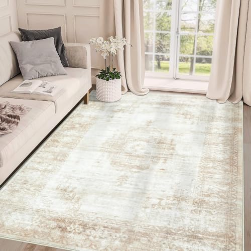 Aoyaomi Vintage Living Room Area Rug - 5x7 Large Machine Washable Boho Moroccan Distressed Farmhouse Rugs for Bedroom - Soft Non-Slip Indoor Floor Accent Rugs for Office Dining Room (Beige, 5' x 7') - color: Beige, size: 5' X 7' (Rectangular)