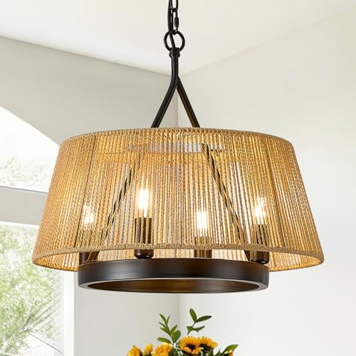 Farmhouse Boho Woven Chandeliers 18’’ Hand Rattan Ceiling Pendant Light 4-Light Chandelier Lighting Fixture for Dining Room, Hallway, Entryway, Kitchen,Bedroom, E12 - size: Trapezoid-17.7''-I
