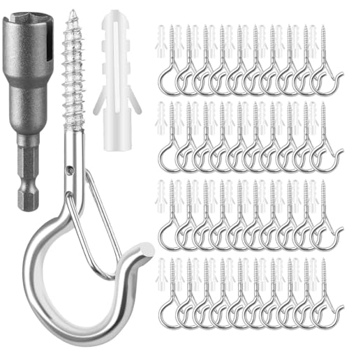 FSAH 48 PCS Q-Hanger Hooks, Screw Hooks for Outdoor String Lights, Safety Buckle Design Cup Eye Hook for Hanging Christmas Lights, Plants, Mounted on Wall Ceiling, Include 1 Wing Nut Driver, Silver - color: Silver, size: 48 Pcs