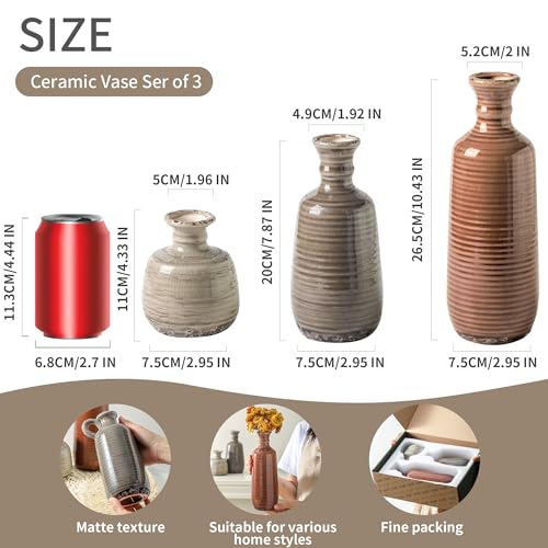 Ceramic Vases Set of 3, Neutral Rustic Farmhouse Vases Home Decor Decorative Flower Vase Modern Boho Pampass Vase for Table Mantel Entryway Shelf Living Room Kitchen Bathroom - Brown - color: 011 Vase Set - Brown