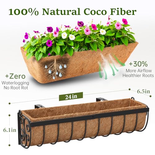 VOXOR Railing Planter Boxes, 24 Inch Window Boxes Planters, Balcony Planters with Adjustable Brackets & Coco Liner for Outdoor Fence, Deck, Porch, and Patio Gardening, 2 Pack - size: 24 Inch