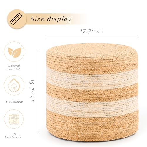 Handwoven Ottoman Pouf, Natural Water Hyacinth Footstool, Round Braided Outdoor Seat with Sturdy Frame, Boho Accent Stool for Patio, Balcony, or Garden (White) - color: White, size: 17.7"D x 17.7"W x 15.7"H