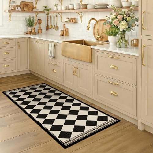 Black and White Checkered 2x5 Easy Jute Laundry Room Rug Runner, Laundry Floor Mat, Washable Non Slip Diamond Boho Carpet for Entryway, Bathroom, Kitchen, Checkerboard Modern Farmhouse Mat - color: Black White, size: 2' x 5' (Runner)