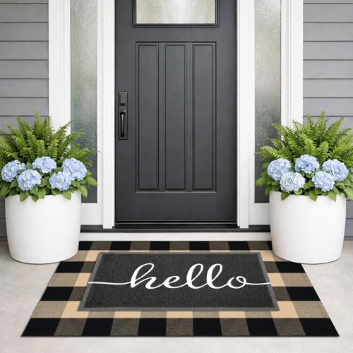 KILOCOCO Buffalo Plaid Checkered Rug - Door Mat Brown and Black Indoor Cotton Washable Front Door Rugs Layered Doormats for Front Porch Farmhouse Entryway Outdoor, 27.5x43 Inches - color: Brown and Black, size: 2'4" x 3'7" (Rectangular)