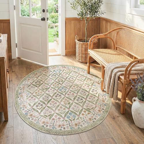 jinchan Haden Round Rug 5ft Vintage Floral Washable Rug for Entryway Kids Room Soft Non-Slip Low Pile Circle Carpet Nursery Living Room Reading Nook Cottage Indoor Decor Sage Green - color: Sage Green, size: 5' (Round)