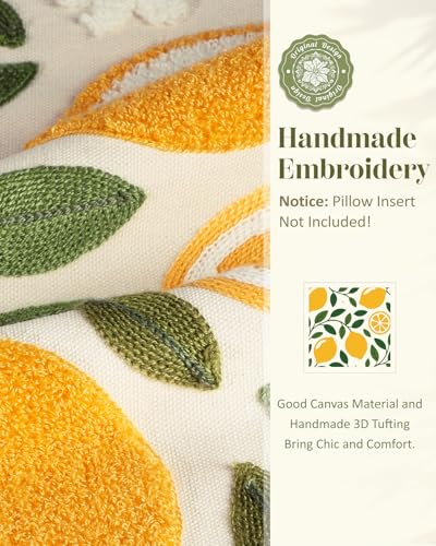 Embroidered Throw Pillow Cover - 18x18 Decorative Pillow Cover with Zipper Aesthetic Cute Design Boho Spring Summer Throw Pillowcase for Living Room Couch Sofa Bed, Branch Lemon - color: Branch-lemon, size: 18" x 18" (Pack of 1)