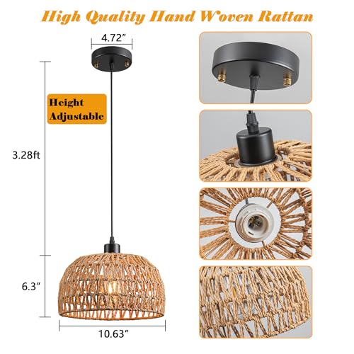 Battery Operated Pendant Light with Remote,Battery Hanging Light Rattan Woven Chandelier No Wiring Needed,Rechargeable Light Bulb 50+Hours Continue Use,Perfect for Kitchen Islands Ceiling Lighting - color: Brown