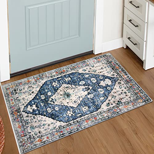 Lahome Felice Boho Tribal Area Rug - 2x3 Small Front Door Rug, Soft Non Slip Washable Entryway Mat Bohemian Low Pile Throw Doormat Carpet for Living Room Kitchen Laundry Bedroom Bathroom, Blue - color: Blue, size: 2' x 3' (Rectangular)