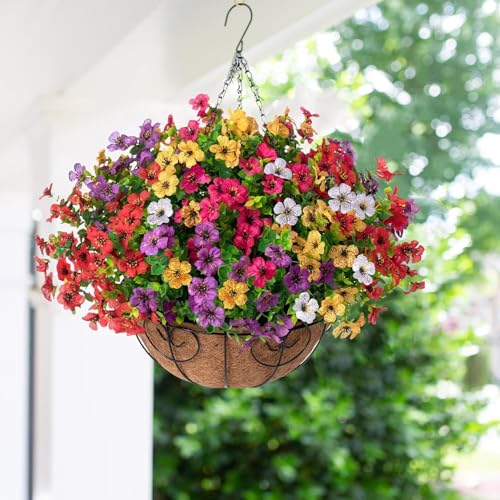 HyeFlora Artificial Faux Hanging Plants Flowers Basket for Summer Outdoor Outside Decoration, Fake Silk UV Sun Resistant Look Real Colorful Daisy Eucalyptus for Porch Home Patio Balcony Yard - color: Mix