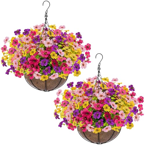 2 Sets Artificial Hanging Plants Flowers Basket Outdoor, Fake Hanging Plants 24 Pcs Flowers for Porch Patio Garden Home Decor for Spring Summer (Red, Purple, Yellow, Rose Red) - color: 2 Sets – Red, Purple, Yellow, Rose Red