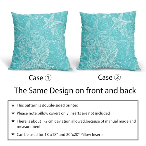 Aqua Blue Nautical Pillow Covers 18x18 Inch Set of 2 Coastal Beach Themed Starfish Cotton Linen Decorative Throw Pillow Case Beachy Outdoor Cushion Covers for Bedroom Sofa Living Room Chair Decor - color: Beach Aqua Blue, size: 18" x 18" (Pack of 2)