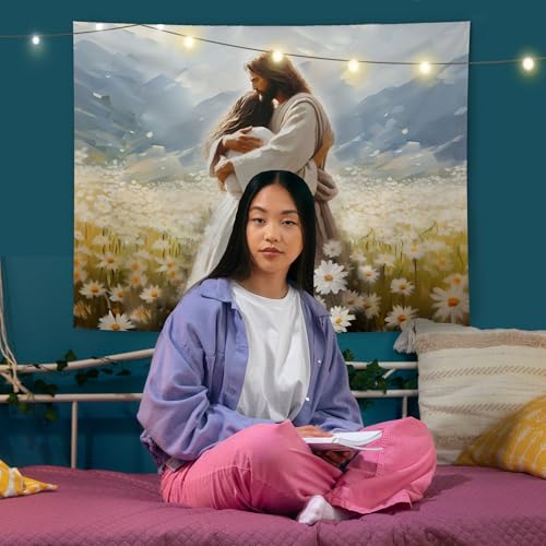 AQYIP Jesus Hugs Woman Christian Tapestry, Daisy Flower Field Jesus Tapestry Decorative, Christian Room Decor, Religious Wall Tapestries Blanket Decor for Home Office Church, 50x60 Inch - color: jesus