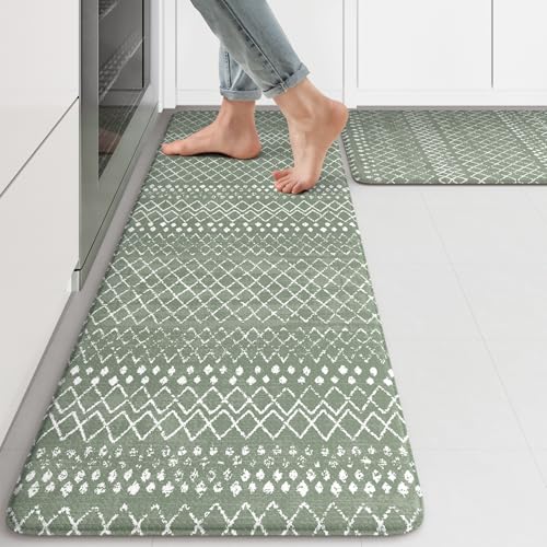 KIMODE Kitchen Mats for Floor Anti Fatigue Green Boho Kitchen Rugs Sets of 2 Cushioned Kitchen Floor Mats Comfort Standing Mat Geometric Laundry Room Rug for Bathroom Sink Office Desk 17"x47"+17"x29" - color: Green Diamond, size: 17.3" x 47 "+ 17.3" x 29