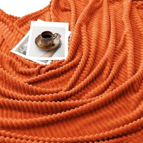 Vessia Flannel Fleece Orange Throw Blanket for Couch, Lightweight Warm Cozy Soft Striped Bed Throw for Adults and Kids, Microfiber Ribbed Sofa Blanket for All Season - color: Burnt Orange, size: 50x60 inch