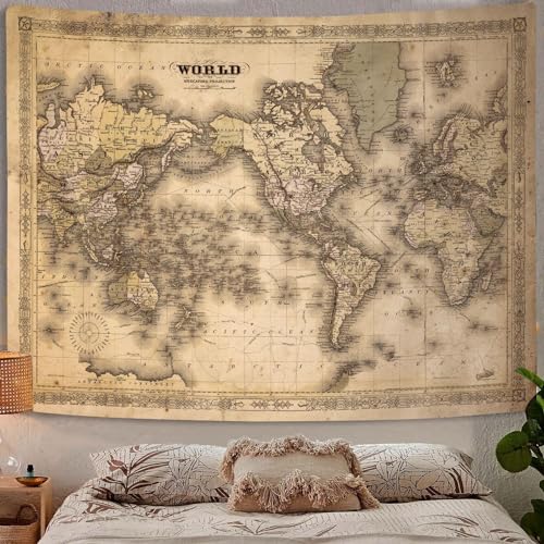 World Map Tapestry Educational Tapestry Kids Student Classroom Tapestries Earth North America Europe Africa Countries Globe Travel World Map Countries Cities Wall Tapestry Ceiling (Vintage Map, 90"x70") - color: Vintage Map, size: 90L" x 70W"