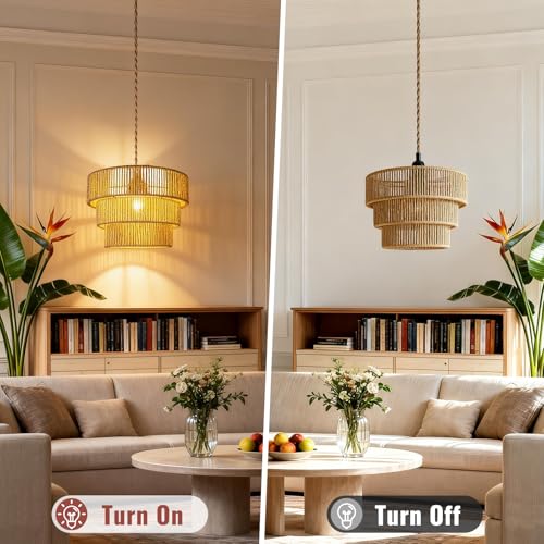 Hanging Light Ceiling Lamp Pendant Lights Rattan Hanging Lamp with Plug in Cord for Living Room Bedroom Kitchen Indoor Hanging Lamp Plug in Woven Lampshade - size: 12.5 Inch-Lantern Shade