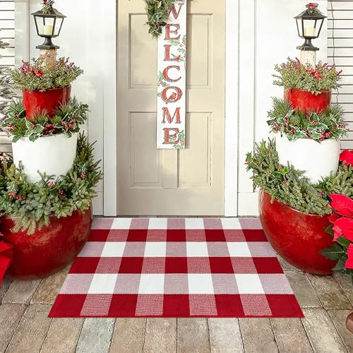 Buffalo Plaid Outdoor Rug 2x3 Front Door Mat Red and White Christmas Rug Cotton Washable Indoor Outdoor Rugs for Entryway Patio Kitchen Bedroom - color: Red and White, size: 2‘×3’