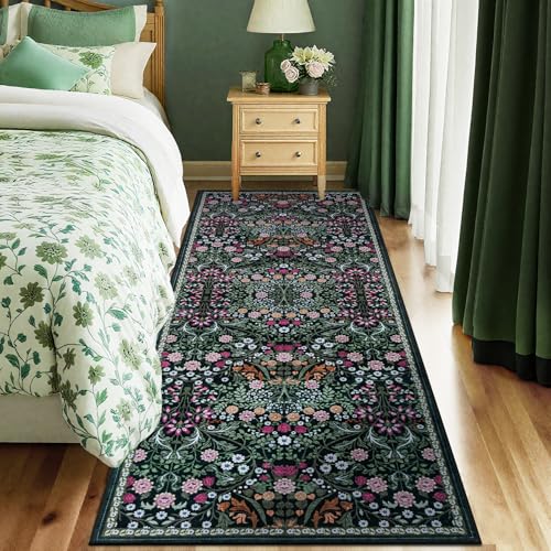 Runner Rug for Entryway: 2x5 Kitchen Rugs Non Slip Washable Ultra-Thin Soft Floral Carpet Indoor Floor Stain Resistant Carpets for Hallway Bedroom Kitchen Laundry Bathroom Dorm Dark Green - color: Dark Green, size: 2' x 5' (Runner)