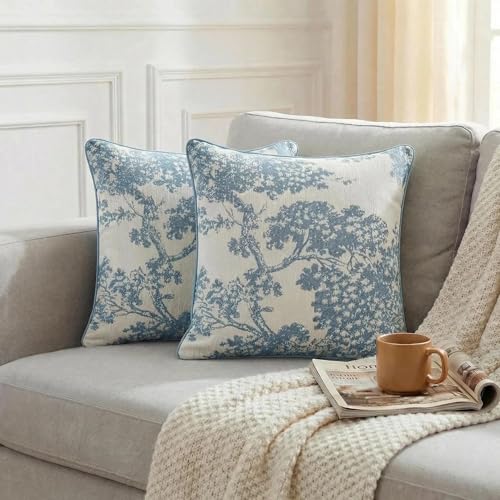 Mantle & Mason Floral 18x18 Throw Pillow Covers Set of 2, French Vintage Woven Jacquard Decorative Accent Pillow Cases for Couch, 430GSM Thick Chenille & Luxury Velvet, Blue - color: Tree Pattern Blue, size: 18" x 18" (Pack of 2)