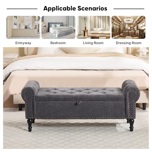 51" Storage Bench for Bedroom, Chenille End of Bed Bench, Queen Size Bench with Rolled Arms, Tufted Storage Ottoman Benches, Upholstered Bench for Bedroom, Living Room, Entryway, Dark Grey - color: Dark Grey, size: 51inch-Chenille