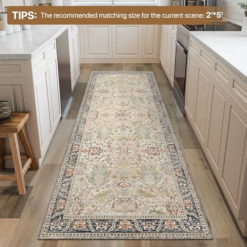 Bavni Bedroom Rug Runners for Hallways, Washable Runner Rug 2x7, Low Pile Non-Slip Indoor Throw Carpet for Bedroom Laundry Room, Ivory/Teal - color: Ivory/Teal, size: 2' x 7' (Rectangular)