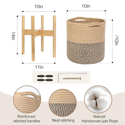 Plant Basket with Stand, Indoor Round Wicker Basket Plant with Bamboo Wood Stand, Decorative Woven Rope Flower Indoor Planter with Legs, Boho Bamboo Wood Planter Holder (Jute Black Stripes) - color: Jute Black Stripes