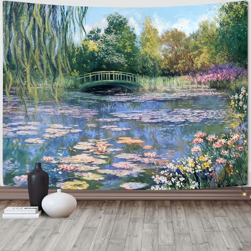 Accnicc Monet Water Lilies Tapestry Green Floral Plant Tapestries Aesthetic Monet Wall Art Posters Nature Flower Garden Landscape Small Tapestrys for Bedroom Living Room Dorm 48 x 36 Inch - color: Green Pink, size: 48"L x 36"W