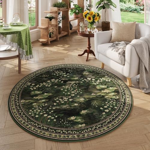 Rugcomf Circle Rug Impressionist-Style Vintage Round Rug 4ft Non Slip Low Pile Small Circular Rug for Bedroom Bathroom Entryway Kids Room Office College Dorm, Green - color: Green, size: 4' (Round)