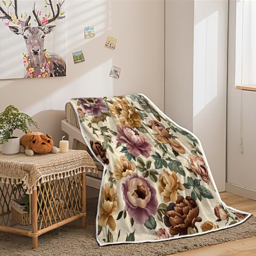 Boho Floral Blankets Vintage Floral Fleece Blanket | Soft, Flannel, Warm, Red Flower Plants Bed Throws Botanical Flowers Bed Throws for Sofa Bedroom Living Room 50X60 Inch - color: Red, size: 50 X 60
