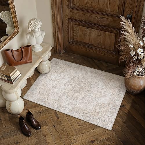 HUGEAR Entryway Area Rugs 2x3 Washable Rug Beige Vintage Rug Carpet Low Pile Non Slip No Shedding Soft Durable Indoor Bedroom Kitchen Home Decor Floor Mat - color: Beige, size: 2' x 3' (Rectangular)