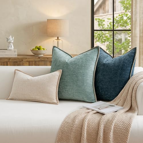 a moment Pack of 2 Decorative Chenille Throw Pillow Covers with Twill Cushion Covers for Sofa Living Room Couch Bed 24x24 Inch,Crafted Border Blue - color: 1.crafted Border Blue, size: 24" x 24" (Pack of 2)