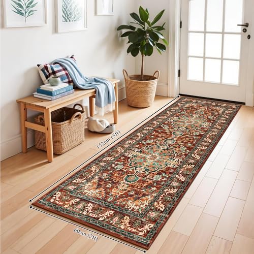 U'Artlines 2' x 5' Boho Hallway Runner Rug, Non Slip Washable Vintage Farmhouse Accent Area Rug Carpet for Kitchen Entryway Laundry and Living Room (Rust＆Teal) - color: Rust＆teal, size: 2' x 5' (Runner)