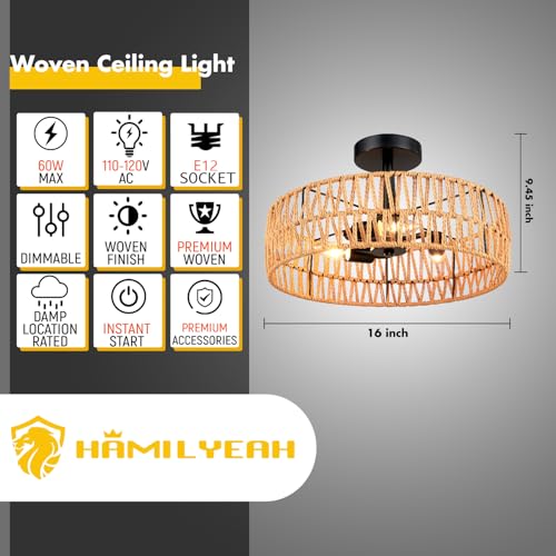Hamilyeah Boho Woven Flush Mount Ceiling Light Fixture, 16 inch Rattan Light Fixture Ceiling Mount for Living Room, Bedroom, Kitchen - color: Black 16INCH Semi Ceiling Light