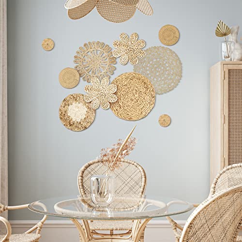 Glenmal Set of 13 Boho Wall Basket Decor Woven Rattan Flat Baskets Handmade Boho Wicker Bamboo Seagrass Wall Hanging Decor for Bedroom Living Room Dining Room Office Ready to Hang(Plain) - style: Plain