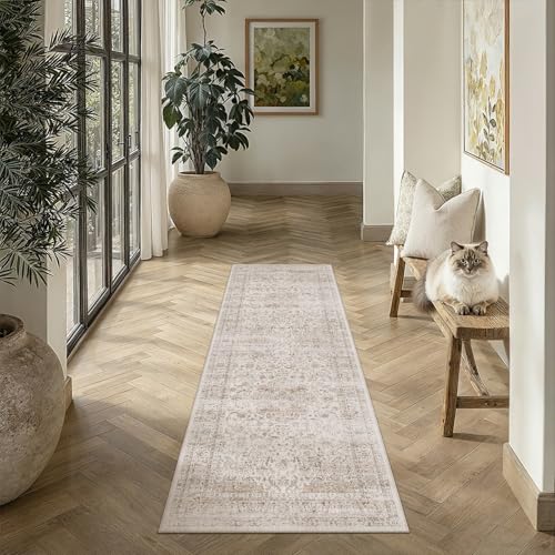 2x6 Washable Runner Rug Beige Vintage Non Slip Soft Low Pile Hallway Kitchen Rug Distressed Oriental Carpet for Laundry Bathroom Bedroom Living Room Home Decor - color: Light Beige, size: 2' x 6' (Runner)