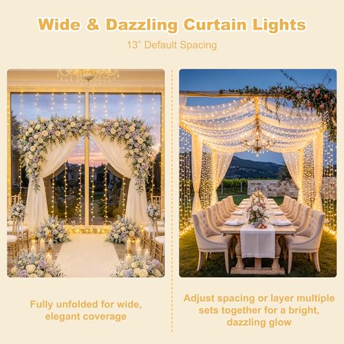 JMEXSUSS 600 LED Curtain Lights Outdoor, 9.5ft x 19.6ft Window Hanging Lights with Remote, Plug in, 8 Modes, Indoor String Lights for Bedroom, Wall, Xmas, Party, Backdrop, Wedding Decor, Warm White - color: *Warm White, size: 600 LED